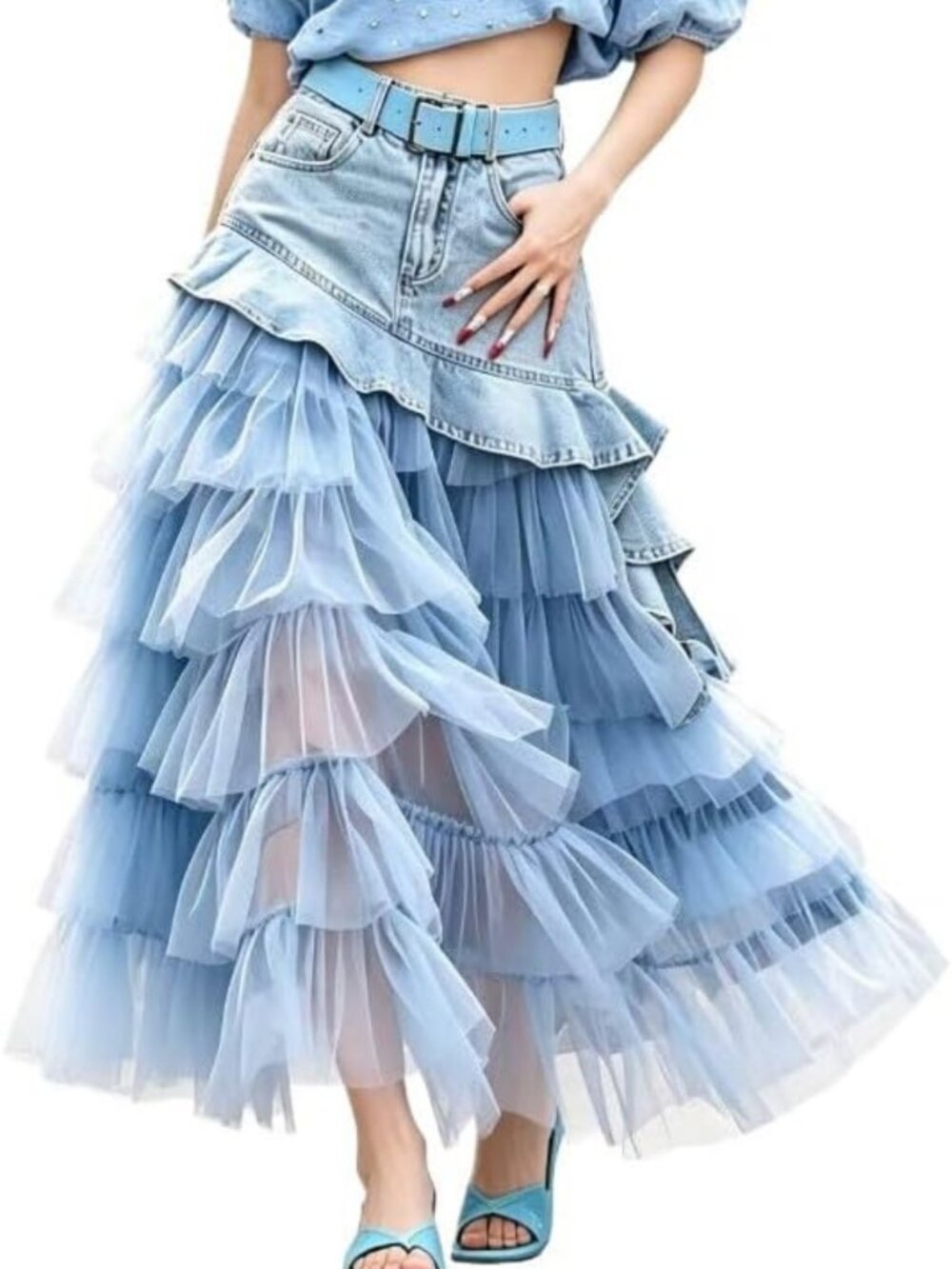 Trendy Y2K High Waist Denim Tulle Layered Maxi Skirt - Chic & Stylish Fashion